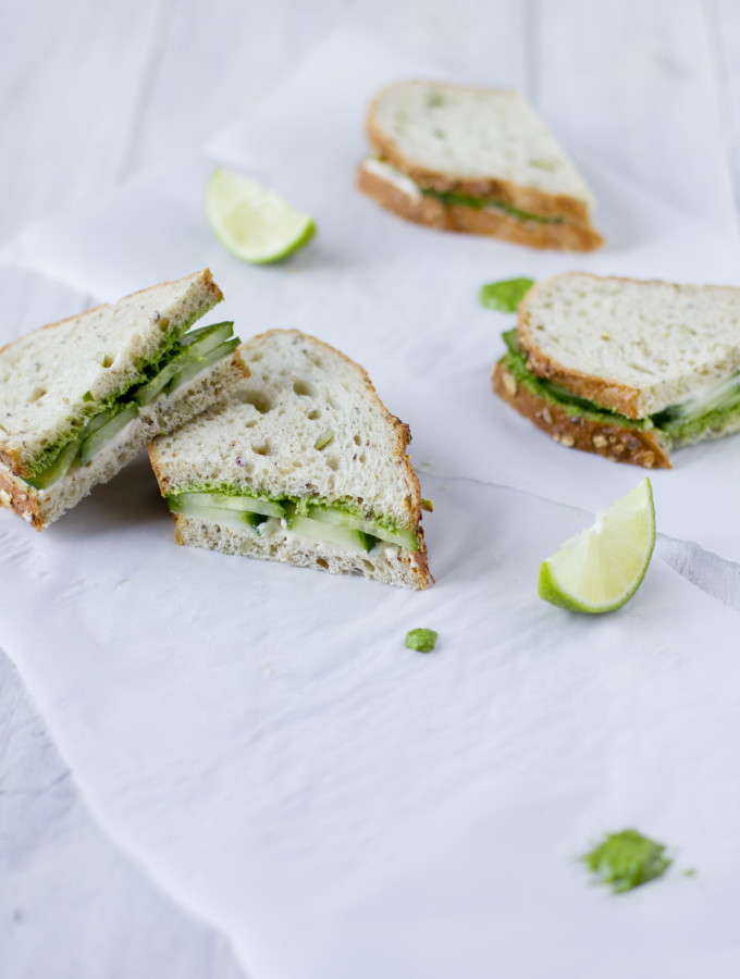 Cucumber Cream Cheese Summer Sandwiches with Coriander-Coconut Pesto