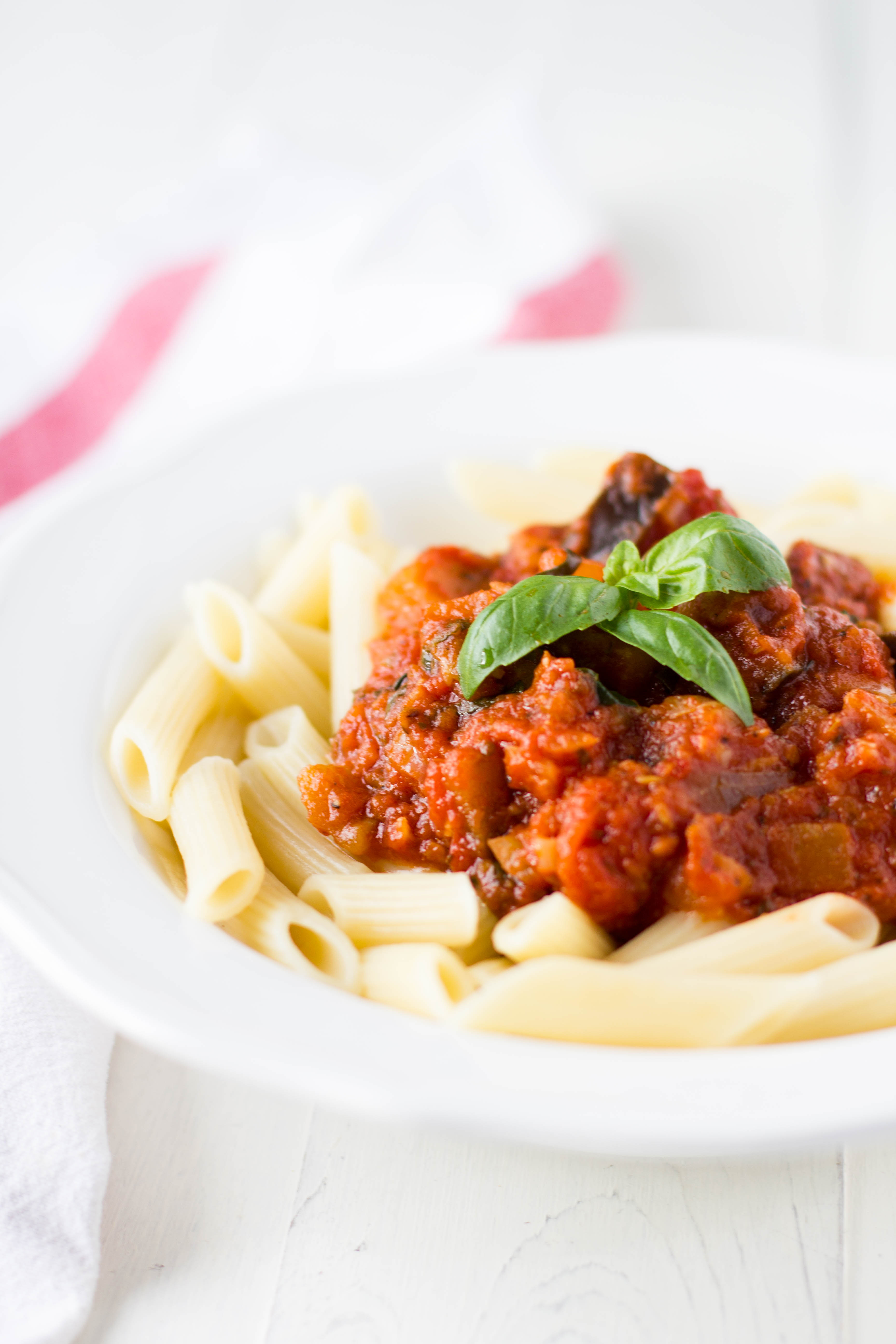 This hearty, healthy, saucy and kinda chunky Vegetarian pasta dish that comes together in a cinch. The flavors come together so well in such a sort amount of time; the sauce itself can be done in under 20 minutes.