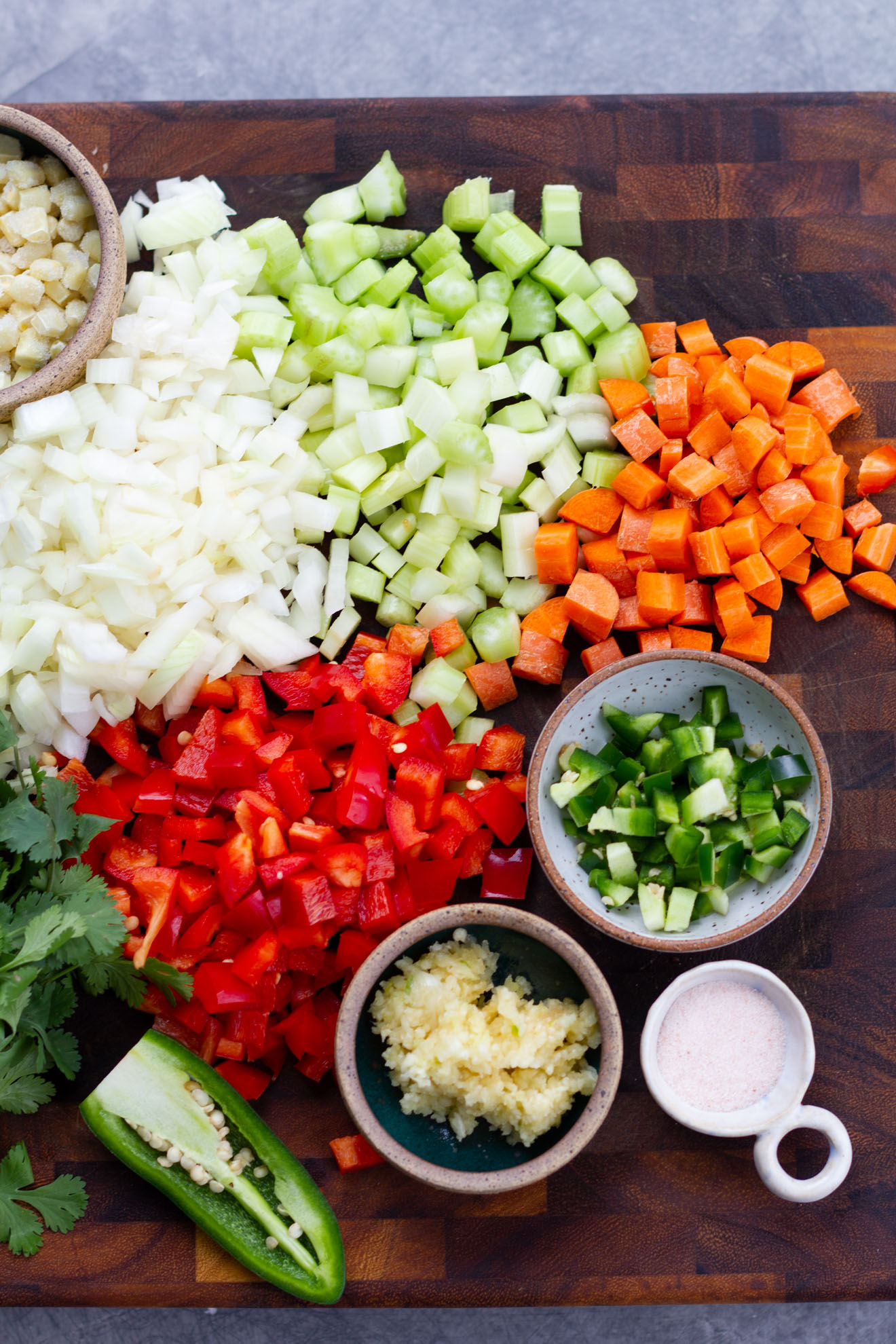 vegetarian chili ingredients on chopping board